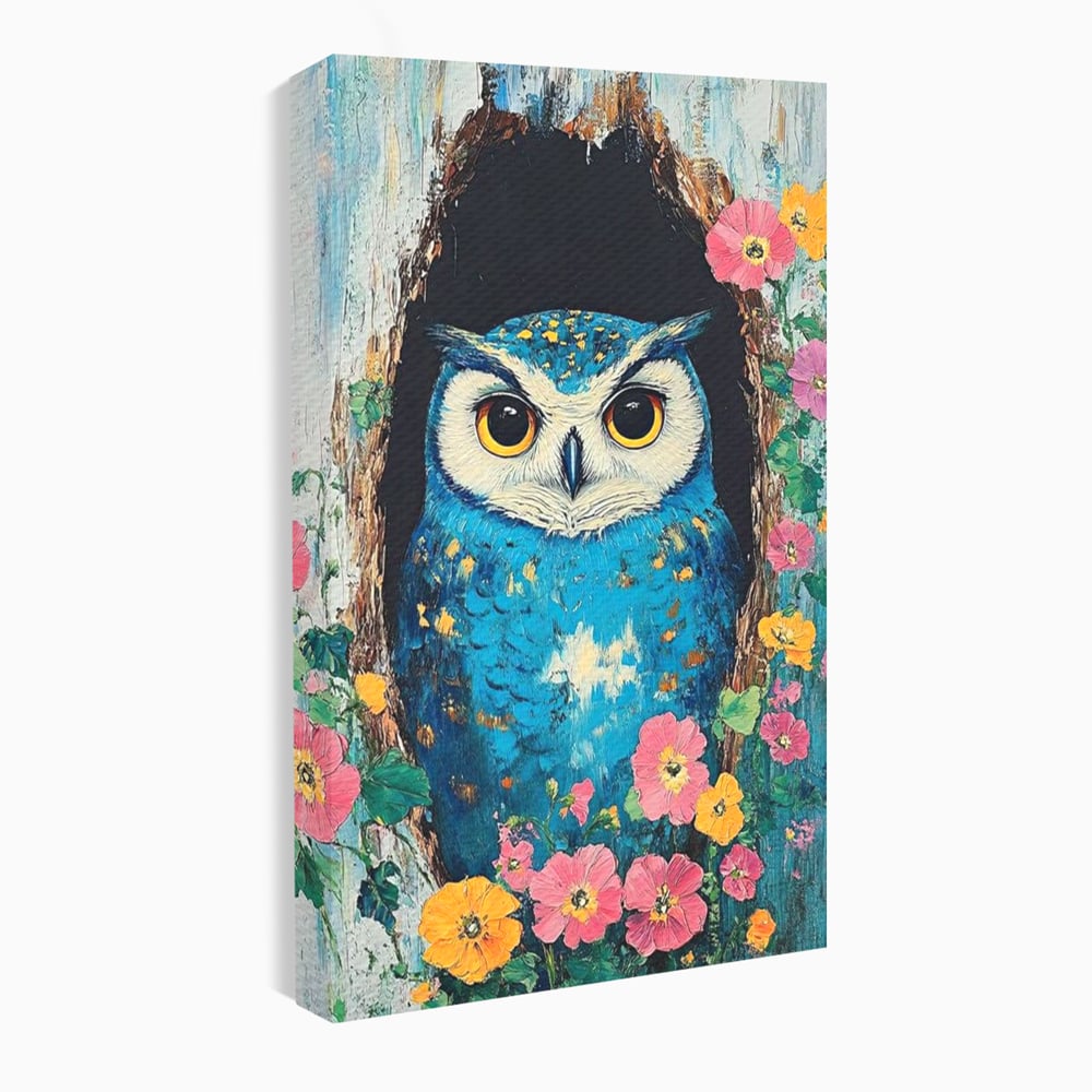 Tablou Canvas Premium, LuxCanva® M1075, Taina din Lemn Pictat, Padure, Flori, Natura, Pictura, Textura, Portret, Intelepciune, Bufnita, Scorbura, Pasare, Birou, Living, Camera Copil