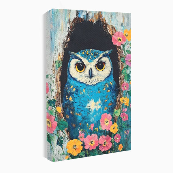 Tablou Canvas Premium, LuxCanva® M1075, Taina din Lemn Pictat, Padure, Flori, Natura, Pictura, Textura, Portret, Intelepciune, Bufnita, Scorbura, Pasare, Birou, Living, Camera Copil