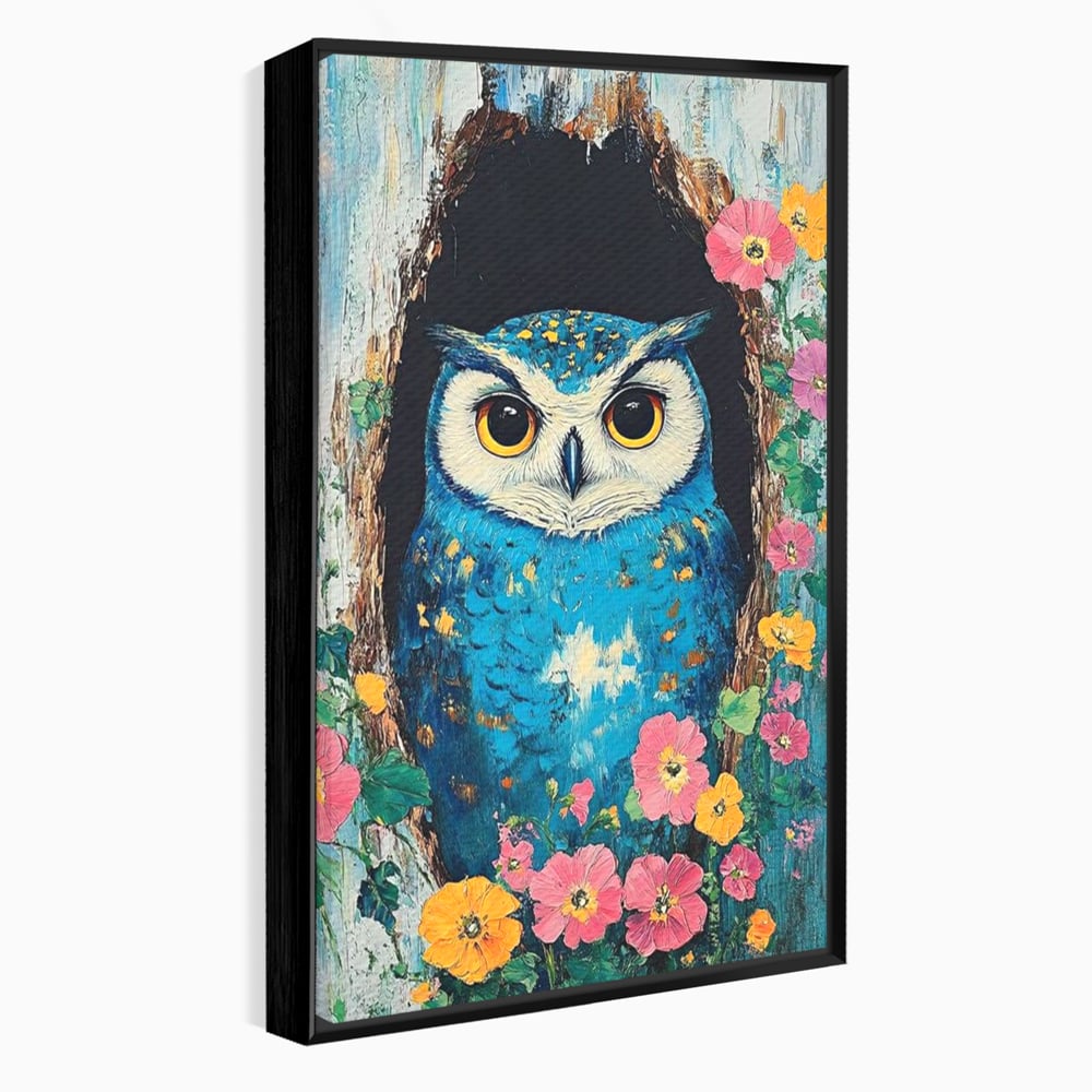 Tablou Canvas Premium, LuxCanva® M1075, Taina din Lemn Pictat, Padure, Flori, Natura, Pictura, Textura, Portret, Intelepciune, Bufnita, Scorbura, Pasare, Birou, Living, Camera Copil