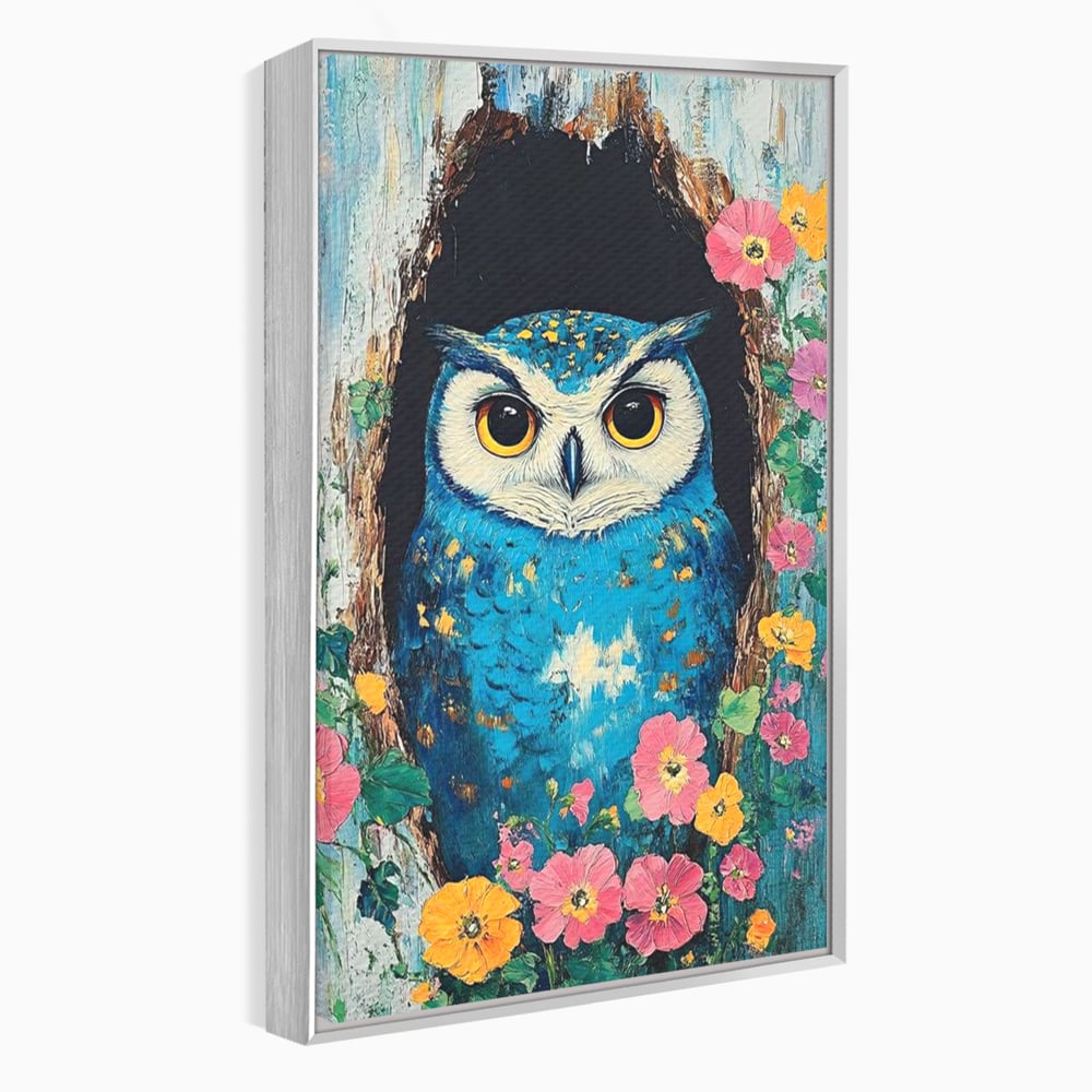 Tablou Canvas Premium, LuxCanva® M1075, Taina din Lemn Pictat, Padure, Flori, Natura, Pictura, Textura, Portret, Intelepciune, Bufnita, Scorbura, Pasare, Birou, Living, Camera Copil