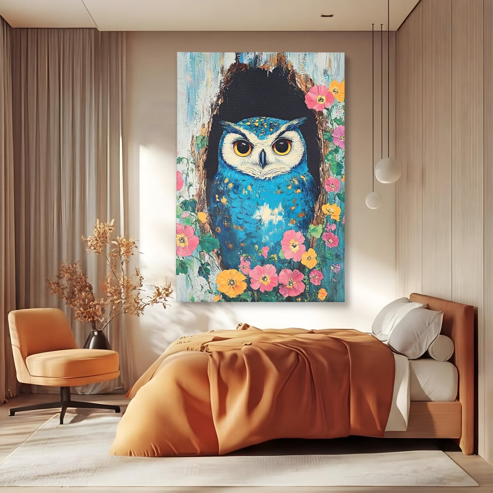 Tablou Canvas Premium, LuxCanva® M1075, Taina din Lemn Pictat, Padure, Flori, Natura, Pictura, Textura, Portret, Intelepciune, Bufnita, Scorbura, Pasare, Birou, Living, Camera Copil