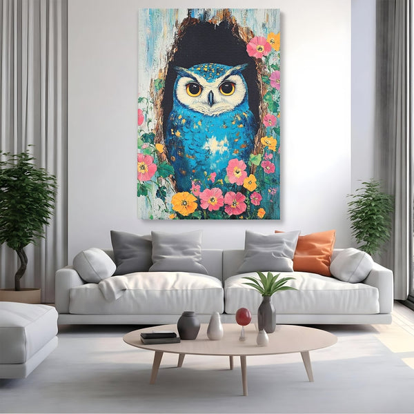 Tablou Canvas Premium, LuxCanva® M1075, Taina din Lemn Pictat, Padure, Flori, Natura, Pictura, Textura, Portret, Intelepciune, Bufnita, Scorbura, Pasare, Birou, Living, Camera Copil