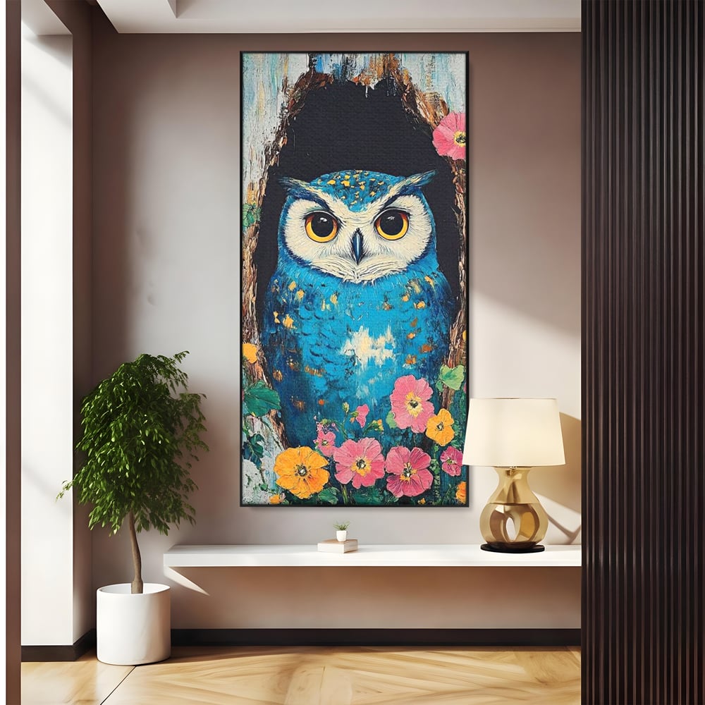 Tablou Canvas Premium, LuxCanva® M1075, Taina din Lemn Pictat, Padure, Flori, Natura, Pictura, Textura, Portret, Intelepciune, Bufnita, Scorbura, Pasare, Birou, Living, Camera Copil