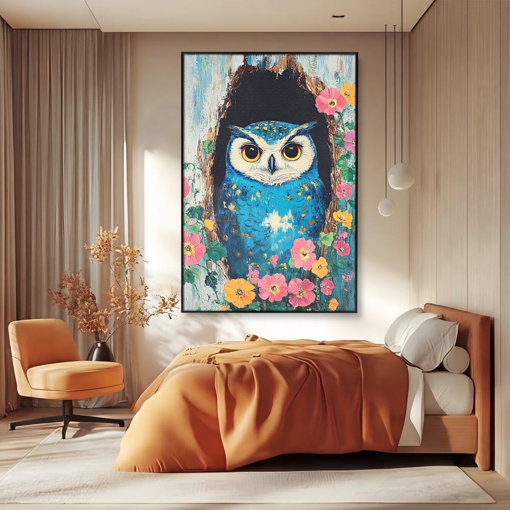 Tablou Canvas Premium, LuxCanva® M1075, Taina din Lemn Pictat, Padure, Flori, Natura, Pictura, Textura, Portret, Intelepciune, Bufnita, Scorbura, Pasare, Birou, Living, Camera Copil