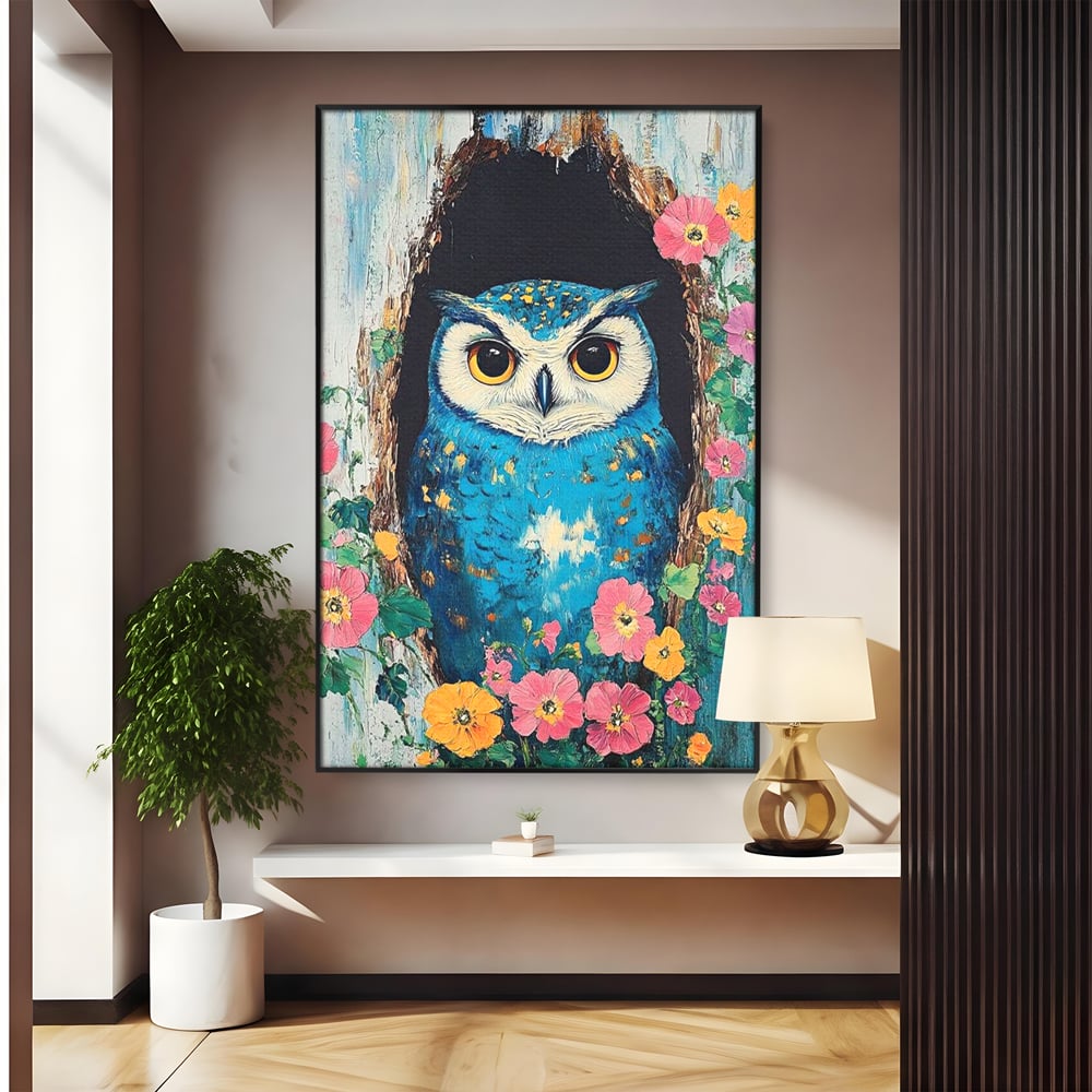 Tablou Canvas Premium, LuxCanva® M1075, Taina din Lemn Pictat, Padure, Flori, Natura, Pictura, Textura, Portret, Intelepciune, Bufnita, Scorbura, Pasare, Birou, Living, Camera Copil