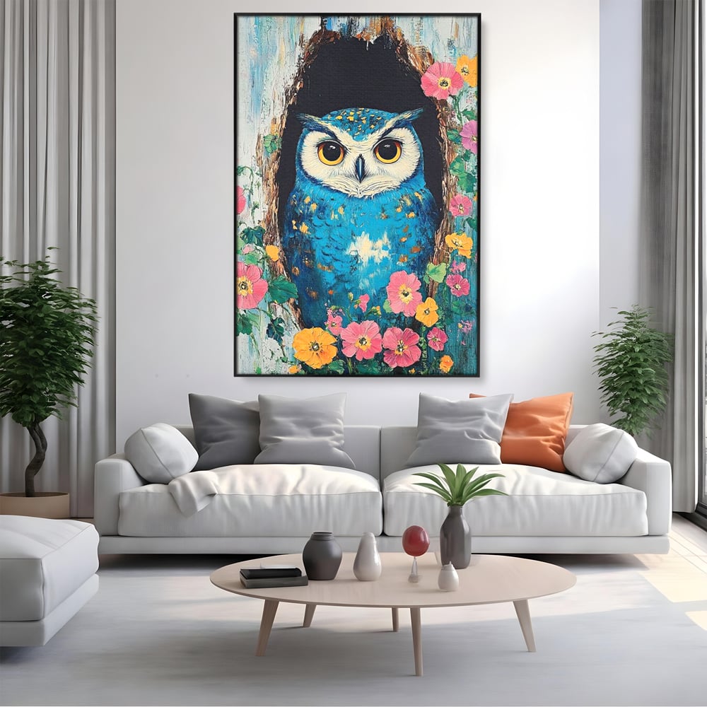 Tablou Canvas Premium, LuxCanva® M1075, Taina din Lemn Pictat, Padure, Flori, Natura, Pictura, Textura, Portret, Intelepciune, Bufnita, Scorbura, Pasare, Birou, Living, Camera Copil