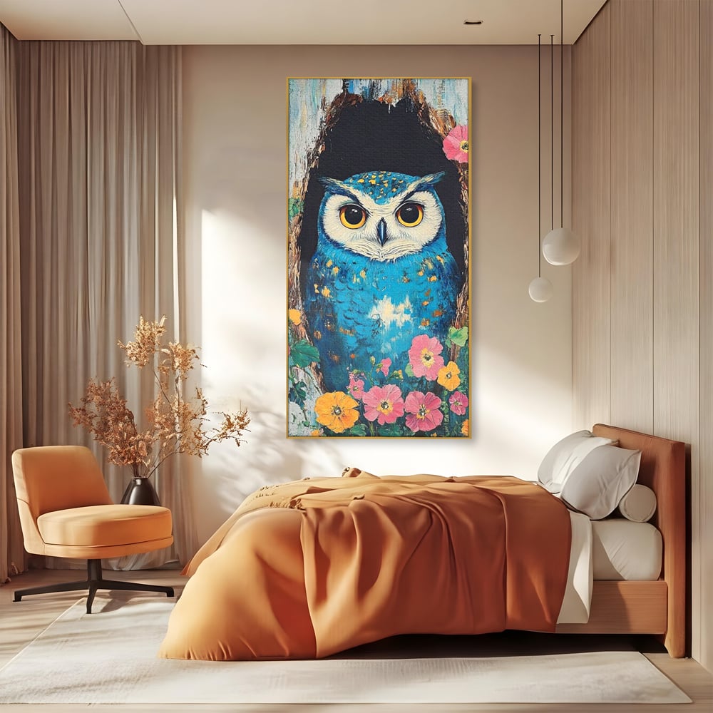 Tablou Canvas Premium, LuxCanva® M1075, Taina din Lemn Pictat, Padure, Flori, Natura, Pictura, Textura, Portret, Intelepciune, Bufnita, Scorbura, Pasare, Birou, Living, Camera Copil