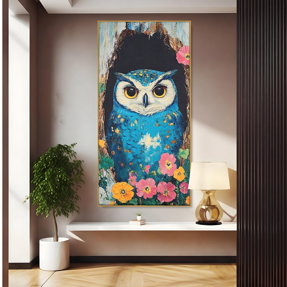 Tablou Canvas Premium, LuxCanva® M1075, Taina din Lemn Pictat, Padure, Flori, Natura, Pictura, Textura, Portret, Intelepciune, Bufnita, Scorbura, Pasare, Birou, Living, Camera Copil