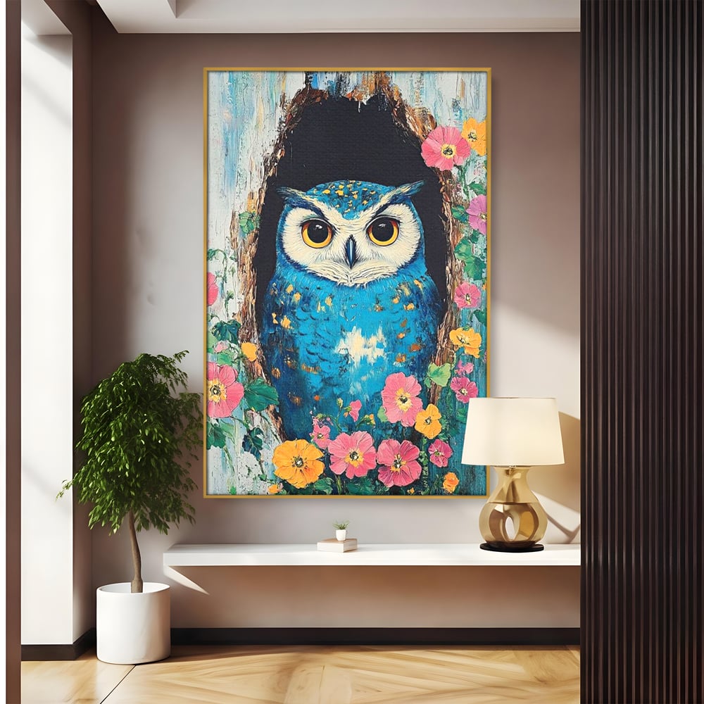 Tablou Canvas Premium, LuxCanva® M1075, Taina din Lemn Pictat, Padure, Flori, Natura, Pictura, Textura, Portret, Intelepciune, Bufnita, Scorbura, Pasare, Birou, Living, Camera Copil
