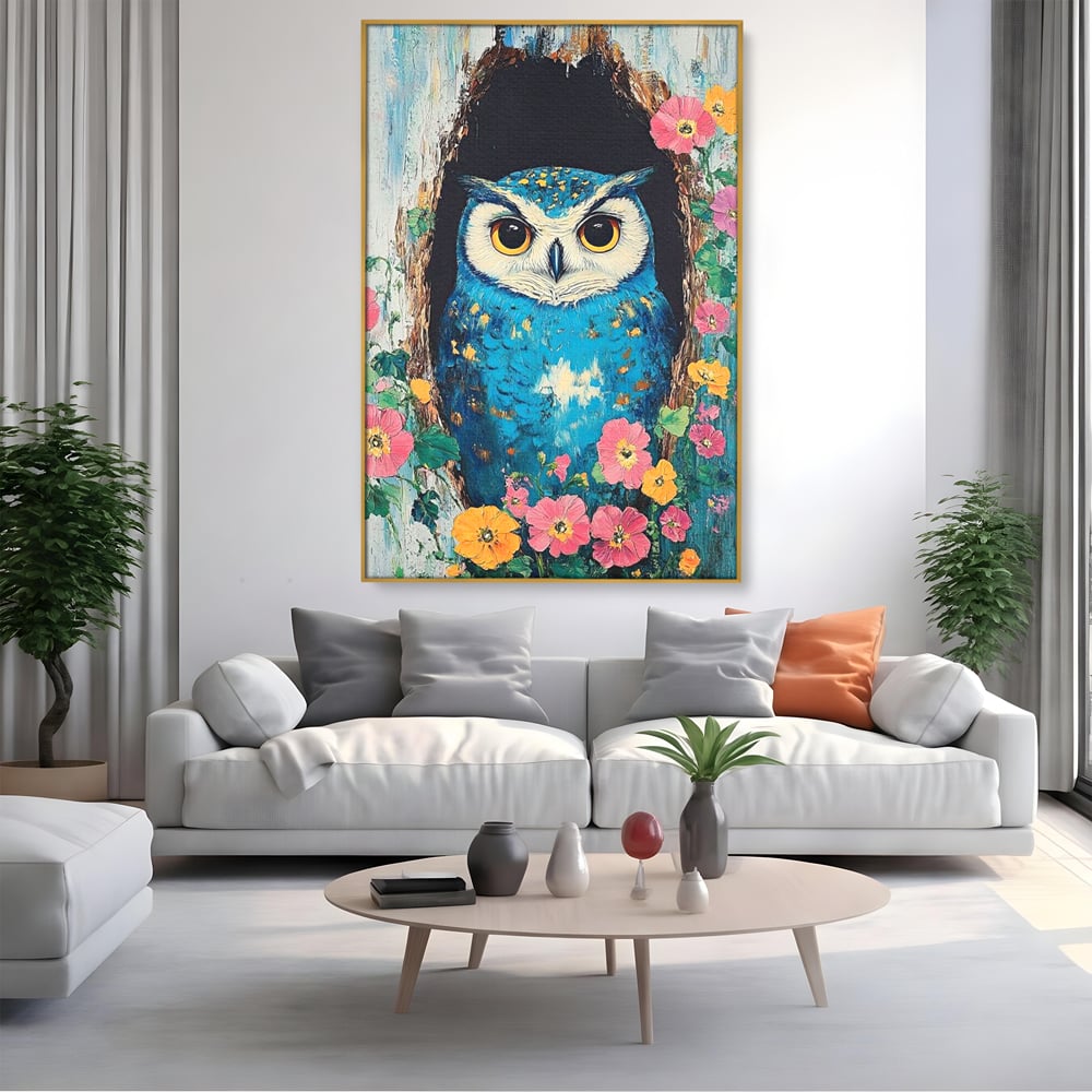Tablou Canvas Premium, LuxCanva® M1075, Taina din Lemn Pictat, Padure, Flori, Natura, Pictura, Textura, Portret, Intelepciune, Bufnita, Scorbura, Pasare, Birou, Living, Camera Copil