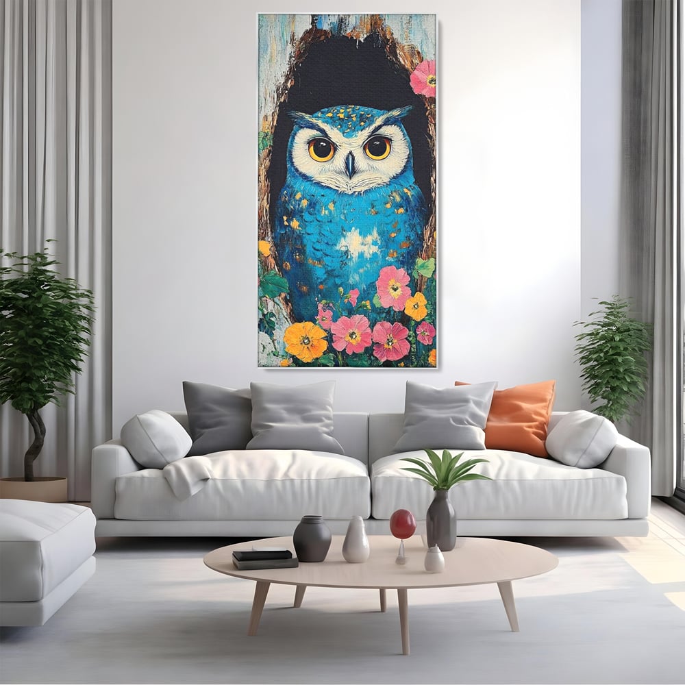 Tablou Canvas Premium, LuxCanva® M1075, Taina din Lemn Pictat, Padure, Flori, Natura, Pictura, Textura, Portret, Intelepciune, Bufnita, Scorbura, Pasare, Birou, Living, Camera Copil