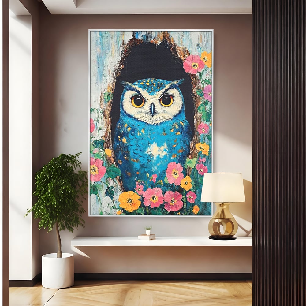 Tablou Canvas Premium, LuxCanva® M1075, Taina din Lemn Pictat, Padure, Flori, Natura, Pictura, Textura, Portret, Intelepciune, Bufnita, Scorbura, Pasare, Birou, Living, Camera Copil