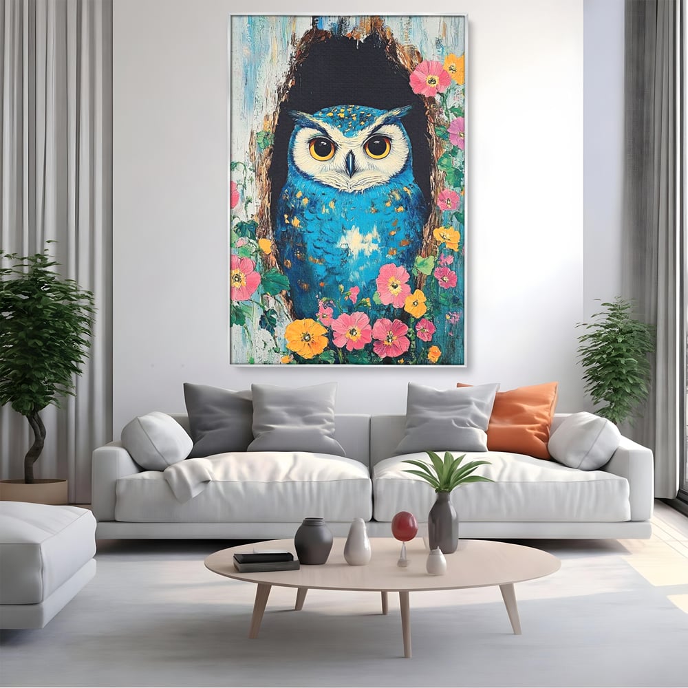 Tablou Canvas Premium, LuxCanva® M1075, Taina din Lemn Pictat, Padure, Flori, Natura, Pictura, Textura, Portret, Intelepciune, Bufnita, Scorbura, Pasare, Birou, Living, Camera Copil