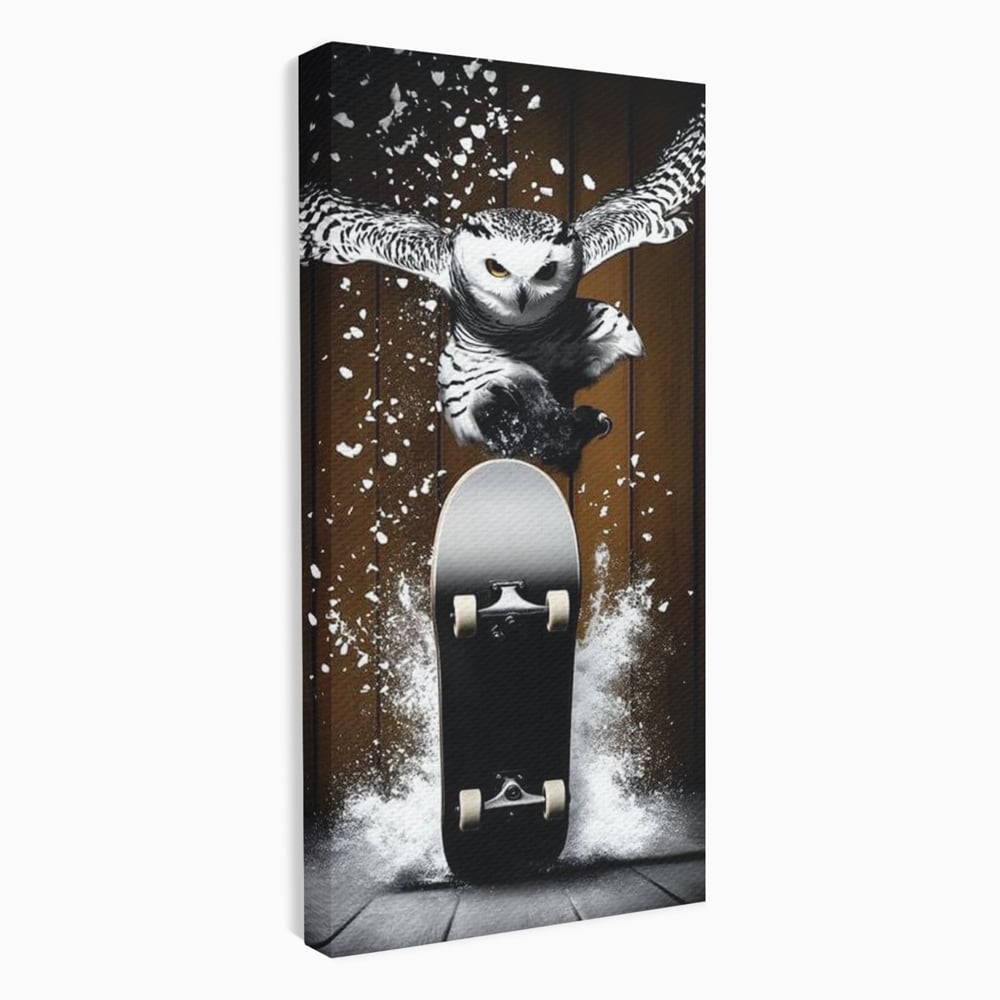 Tablou Canvas Premium, LuxCanva® M1076, Profetul pe Roti, Bufnita, Aripi, Zbor, Pasare, Skateboard, Roti, Urban, Miscare, Energie, Joc, Sport, Copilarie, Birou, Living, Camera Copil