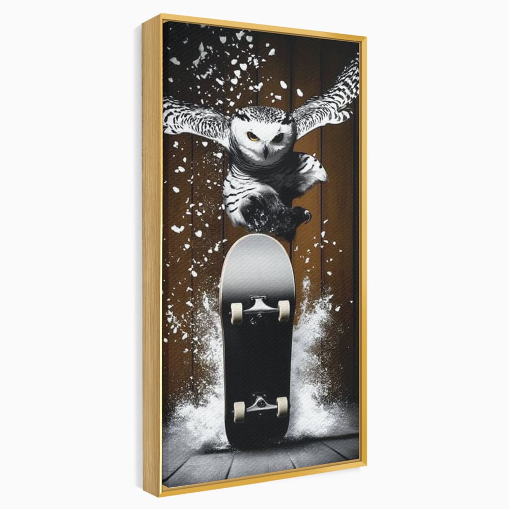 Tablou Canvas Premium, LuxCanva® M1076, Profetul pe Roti, Bufnita, Aripi, Zbor, Pasare, Skateboard, Roti, Urban, Miscare, Energie, Joc, Sport, Copilarie, Birou, Living, Camera Copil