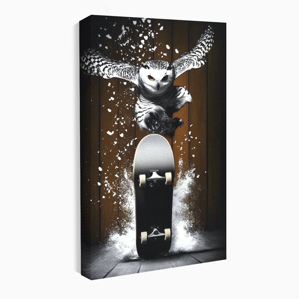 Tablou Canvas Premium, LuxCanva® M1076, Profetul pe Roti, Bufnita, Aripi, Zbor, Pasare, Skateboard, Roti, Urban, Miscare, Energie, Joc, Sport, Copilarie, Birou, Living, Camera Copil