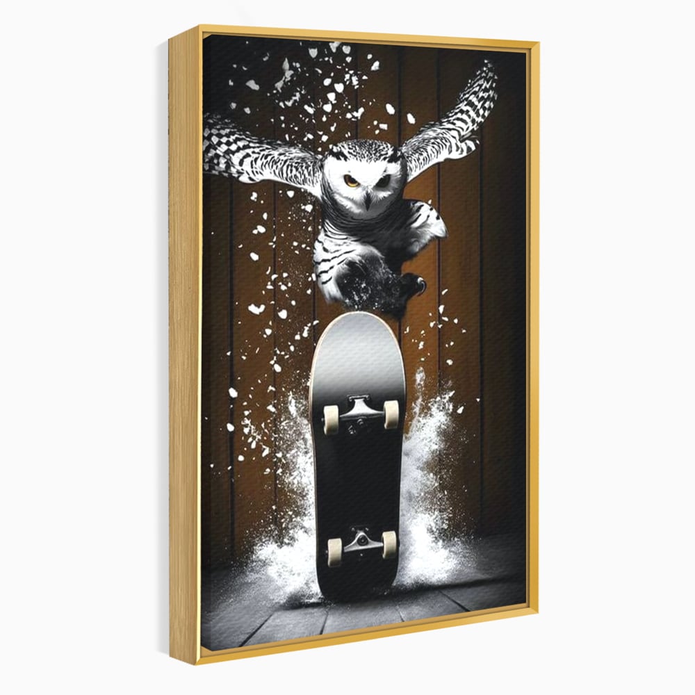 Tablou Canvas Premium, LuxCanva® M1076, Profetul pe Roti, Bufnita, Aripi, Zbor, Pasare, Skateboard, Roti, Urban, Miscare, Energie, Joc, Sport, Copilarie, Birou, Living, Camera Copil