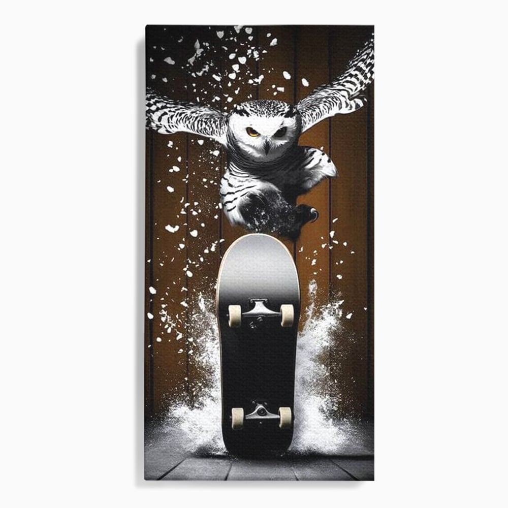 Tablou Canvas Premium, LuxCanva® M1076, Profetul pe Roti, Bufnita, Aripi, Zbor, Pasare, Skateboard, Roti, Urban, Miscare, Energie, Joc, Sport, Copilarie, Birou, Living, Camera Copil