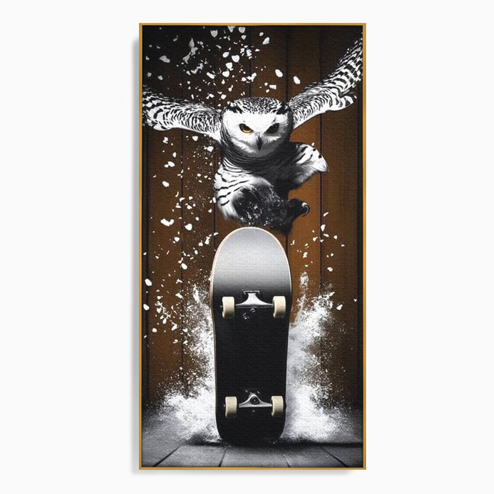 Tablou Canvas Premium, LuxCanva® M1076, Profetul pe Roti, Bufnita, Aripi, Zbor, Pasare, Skateboard, Roti, Urban, Miscare, Energie, Joc, Sport, Copilarie, Birou, Living, Camera Copil
