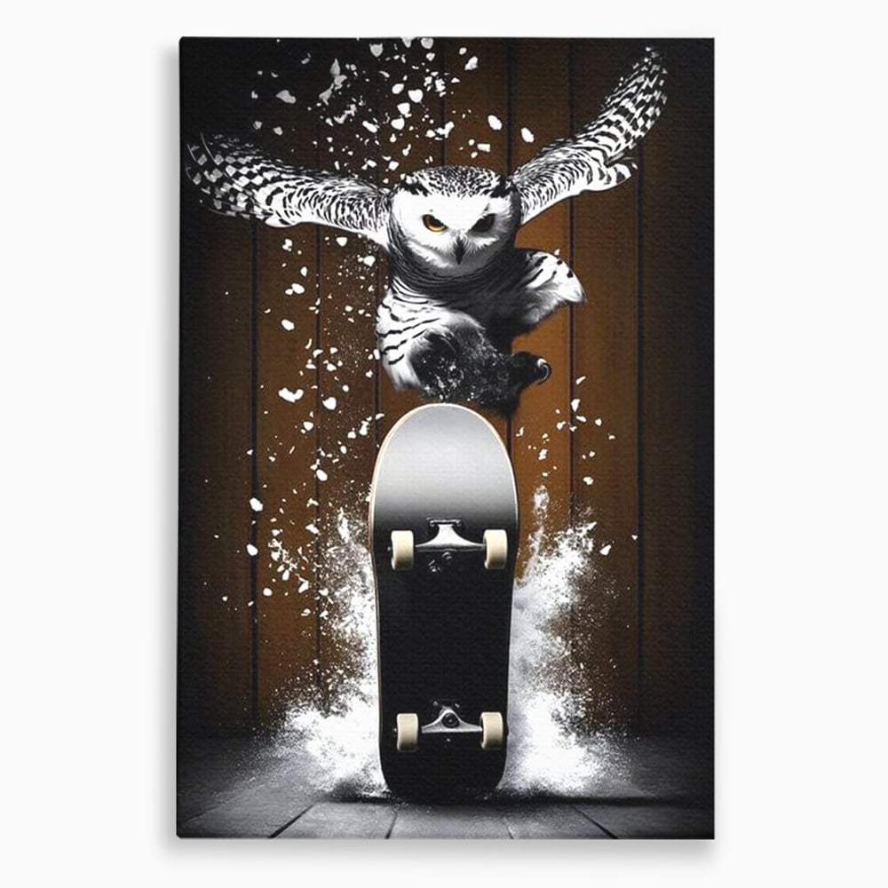 Tablou Canvas Premium, LuxCanva® M1076, Profetul pe Roti, Bufnita, Aripi, Zbor, Pasare, Skateboard, Roti, Urban, Miscare, Energie, Joc, Sport, Copilarie, Birou, Living, Camera Copil