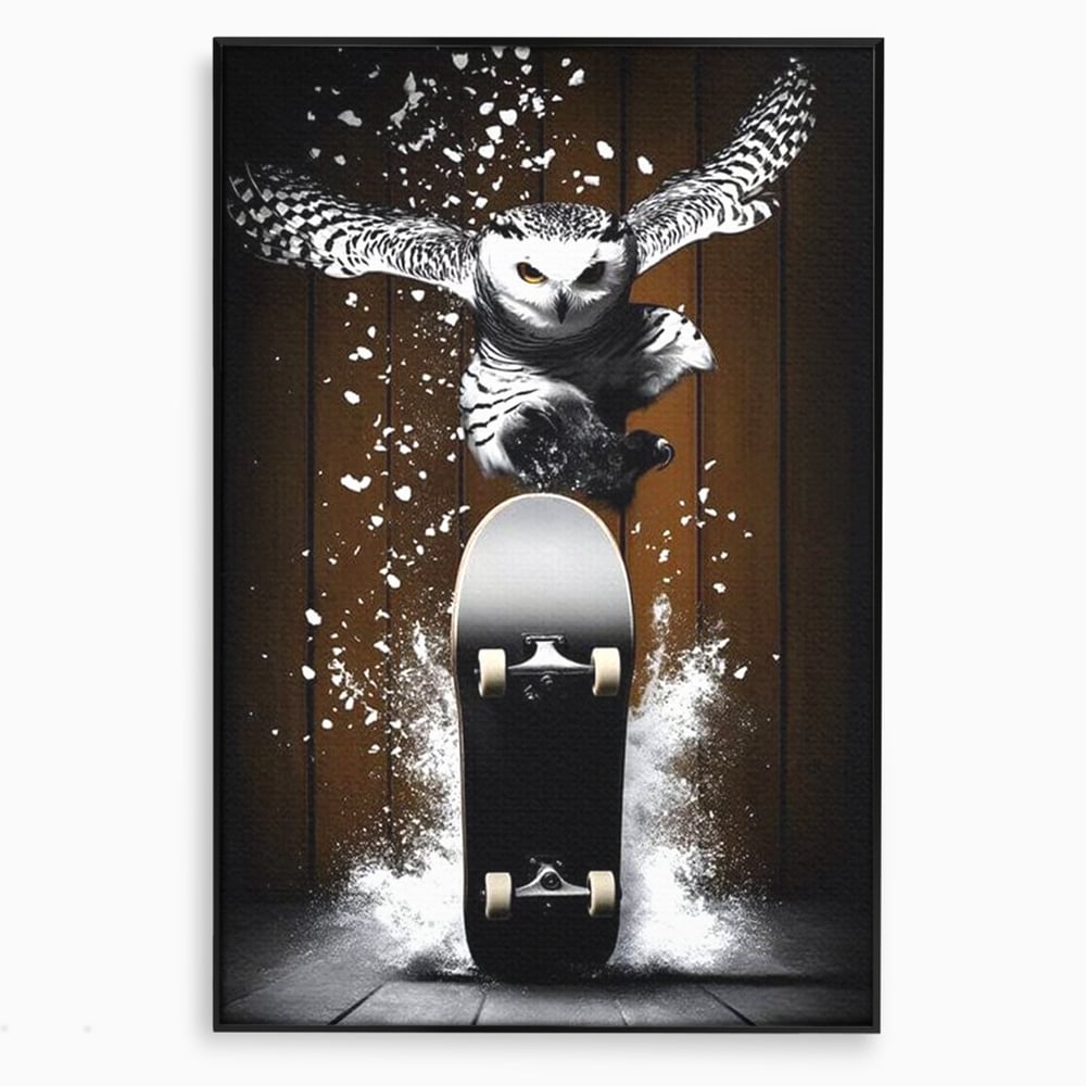 Tablou Canvas Premium, LuxCanva® M1076, Profetul pe Roti, Bufnita, Aripi, Zbor, Pasare, Skateboard, Roti, Urban, Miscare, Energie, Joc, Sport, Copilarie, Birou, Living, Camera Copil