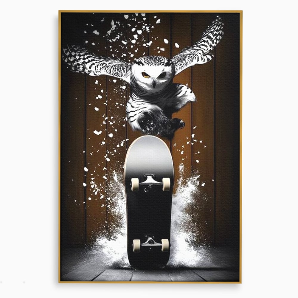 Tablou Canvas Premium, LuxCanva® M1076, Profetul pe Roti, Bufnita, Aripi, Zbor, Pasare, Skateboard, Roti, Urban, Miscare, Energie, Joc, Sport, Copilarie, Birou, Living, Camera Copil