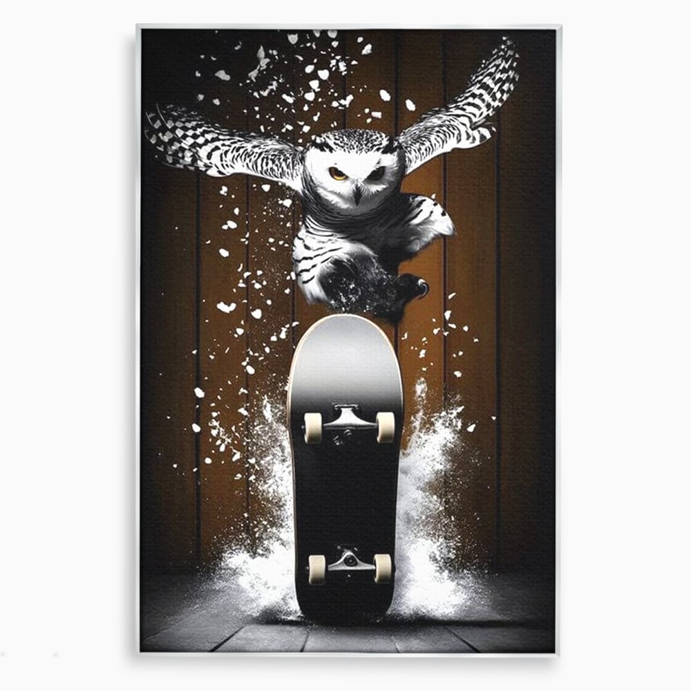 Tablou Canvas Premium, LuxCanva® M1076, Profetul pe Roti, Bufnita, Aripi, Zbor, Pasare, Skateboard, Roti, Urban, Miscare, Energie, Joc, Sport, Copilarie, Birou, Living, Camera Copil