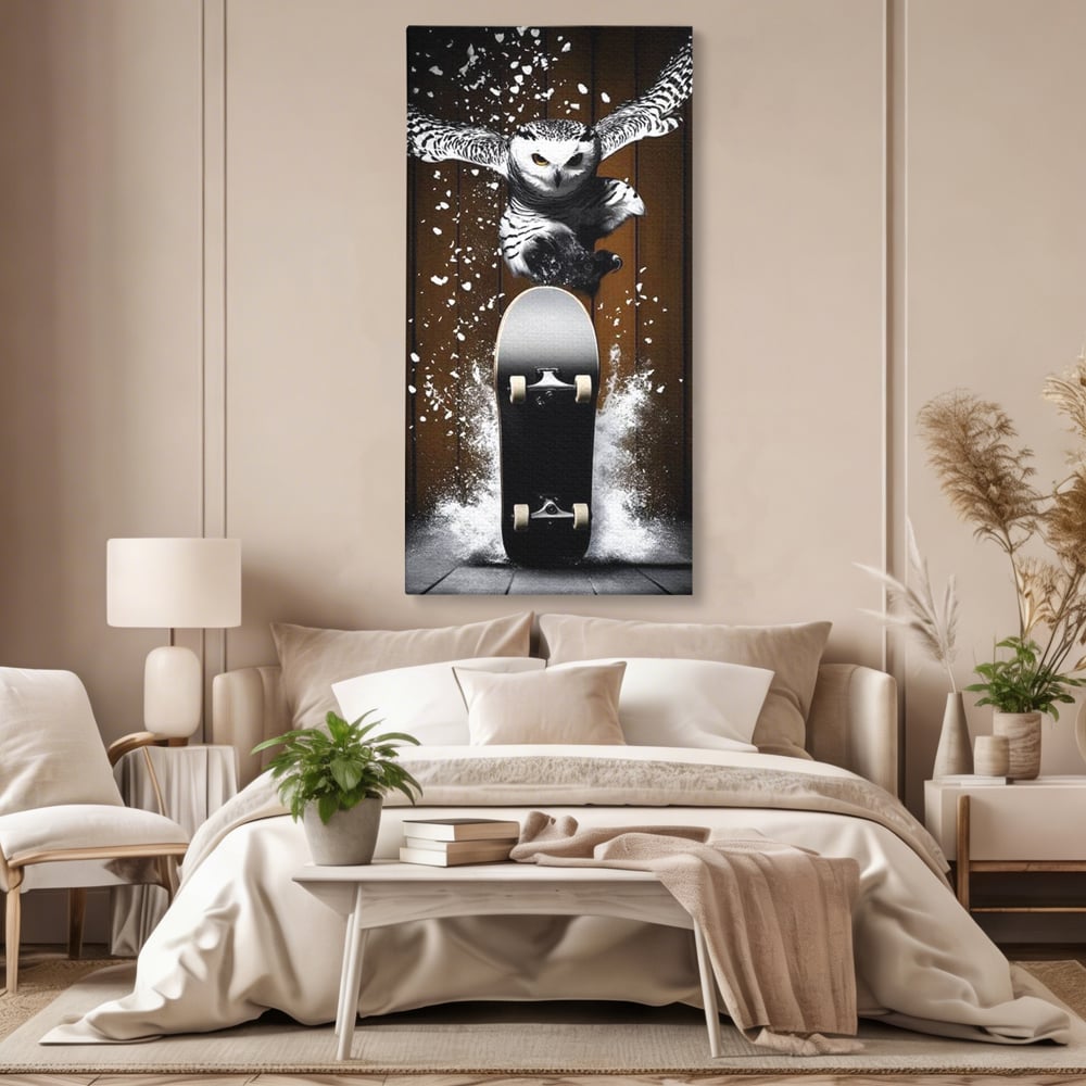 Tablou Canvas Premium, LuxCanva® M1076, Profetul pe Roti, Bufnita, Aripi, Zbor, Pasare, Skateboard, Roti, Urban, Miscare, Energie, Joc, Sport, Copilarie, Birou, Living, Camera Copil