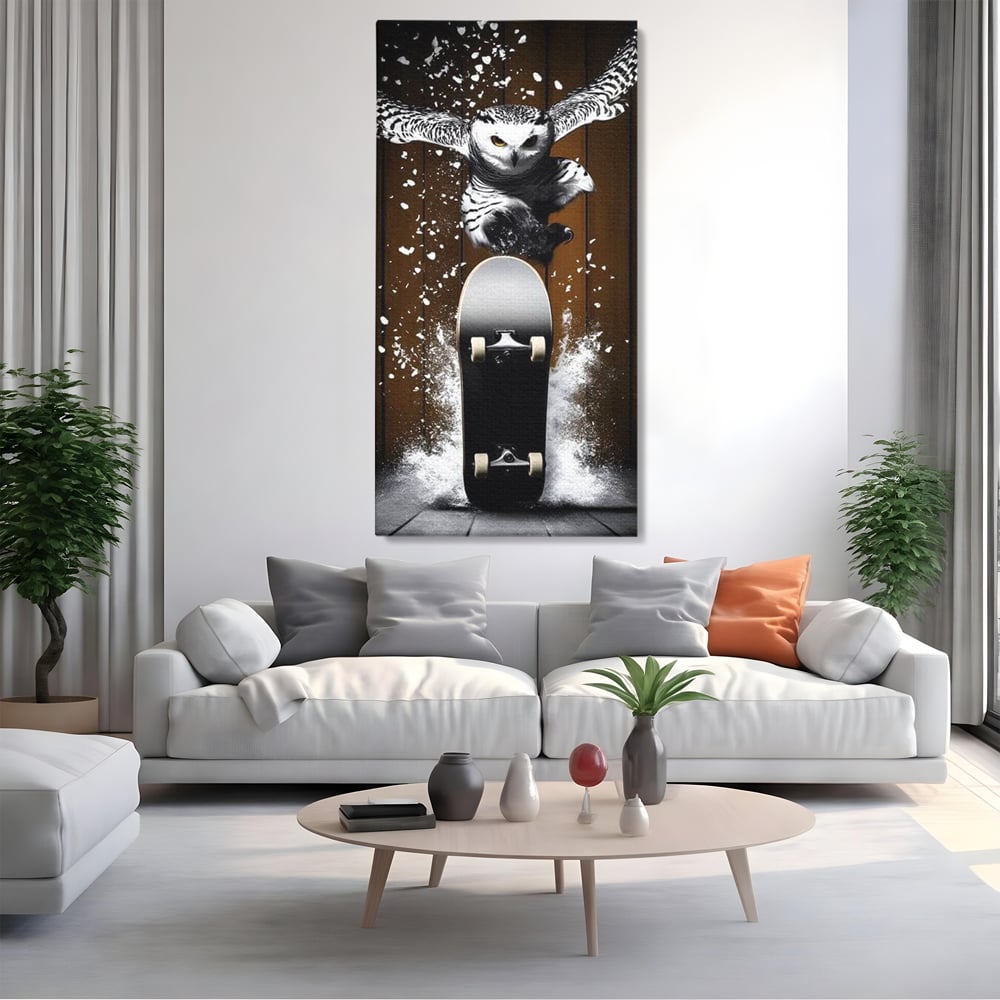 Tablou Canvas Premium, LuxCanva® M1076, Profetul pe Roti, Bufnita, Aripi, Zbor, Pasare, Skateboard, Roti, Urban, Miscare, Energie, Joc, Sport, Copilarie, Birou, Living, Camera Copil
