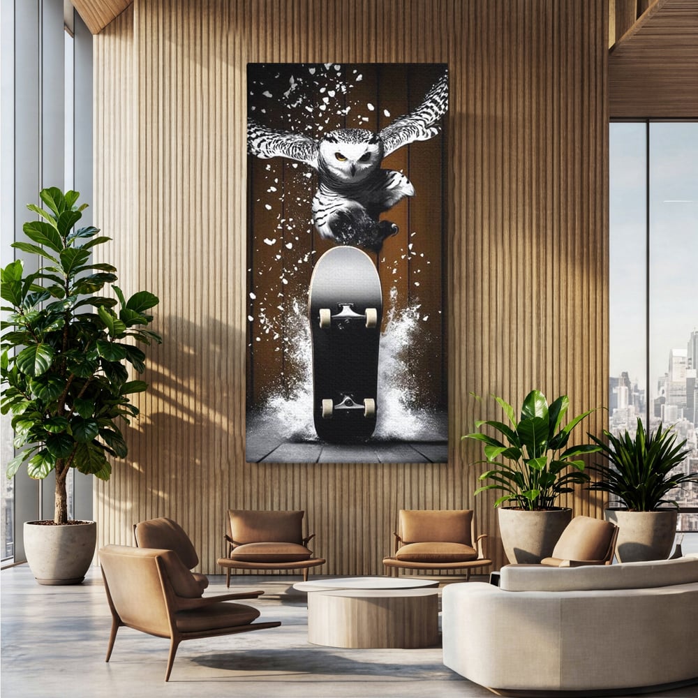 Tablou Canvas Premium, LuxCanva® M1076, Profetul pe Roti, Bufnita, Aripi, Zbor, Pasare, Skateboard, Roti, Urban, Miscare, Energie, Joc, Sport, Copilarie, Birou, Living, Camera Copil