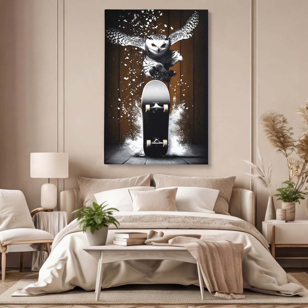Tablou Canvas Premium, LuxCanva® M1076, Profetul pe Roti, Bufnita, Aripi, Zbor, Pasare, Skateboard, Roti, Urban, Miscare, Energie, Joc, Sport, Copilarie, Birou, Living, Camera Copil