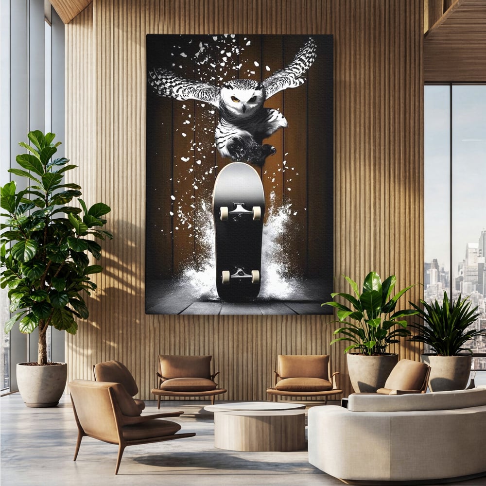 Tablou Canvas Premium, LuxCanva® M1076, Profetul pe Roti, Bufnita, Aripi, Zbor, Pasare, Skateboard, Roti, Urban, Miscare, Energie, Joc, Sport, Copilarie, Birou, Living, Camera Copil