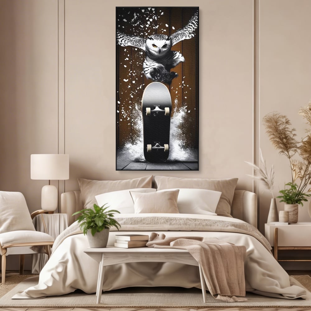Tablou Canvas Premium, LuxCanva® M1076, Profetul pe Roti, Bufnita, Aripi, Zbor, Pasare, Skateboard, Roti, Urban, Miscare, Energie, Joc, Sport, Copilarie, Birou, Living, Camera Copil