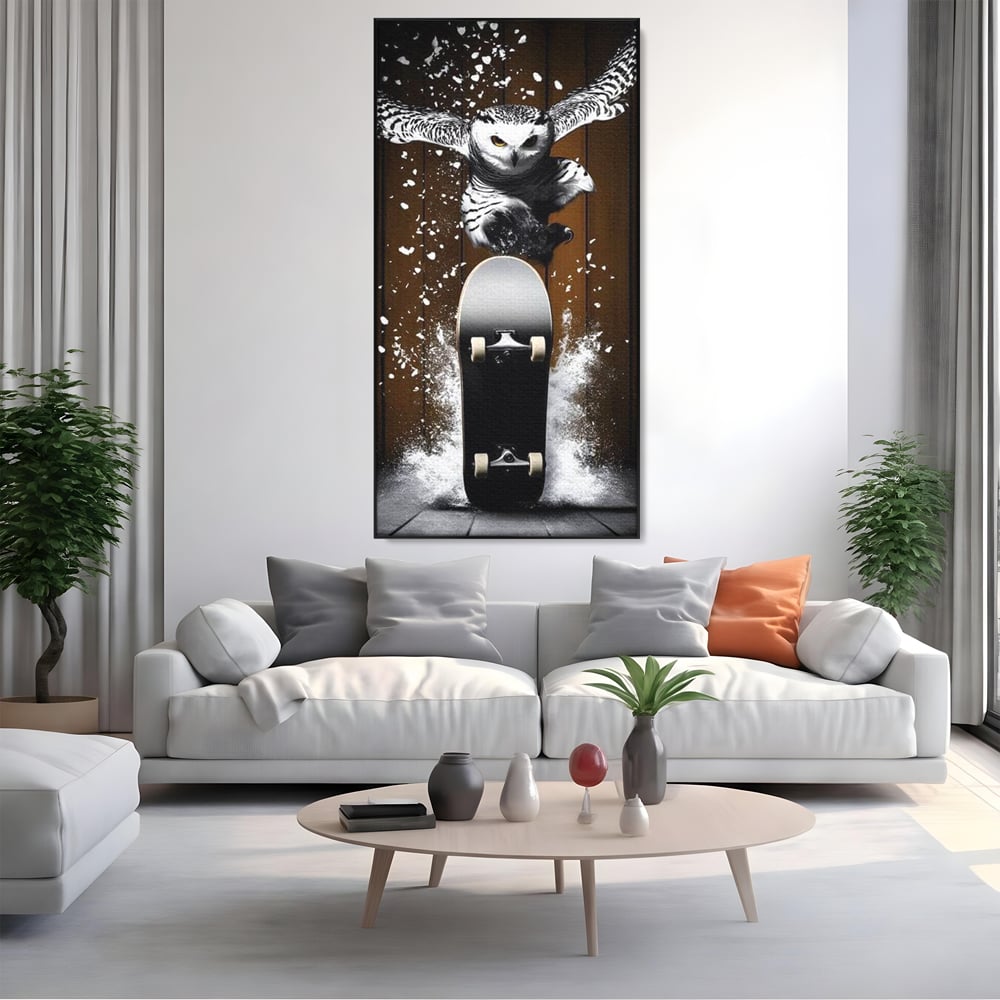 Tablou Canvas Premium, LuxCanva® M1076, Profetul pe Roti, Bufnita, Aripi, Zbor, Pasare, Skateboard, Roti, Urban, Miscare, Energie, Joc, Sport, Copilarie, Birou, Living, Camera Copil