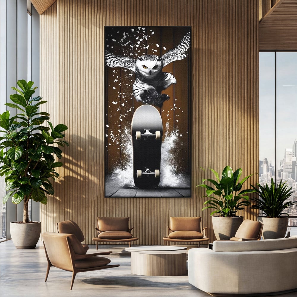 Tablou Canvas Premium, LuxCanva® M1076, Profetul pe Roti, Bufnita, Aripi, Zbor, Pasare, Skateboard, Roti, Urban, Miscare, Energie, Joc, Sport, Copilarie, Birou, Living, Camera Copil