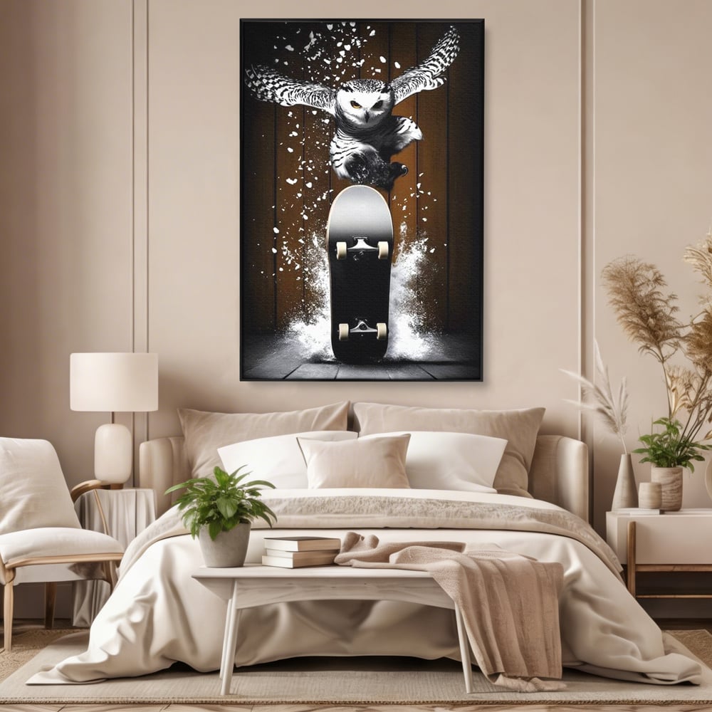 Tablou Canvas Premium, LuxCanva® M1076, Profetul pe Roti, Bufnita, Aripi, Zbor, Pasare, Skateboard, Roti, Urban, Miscare, Energie, Joc, Sport, Copilarie, Birou, Living, Camera Copil