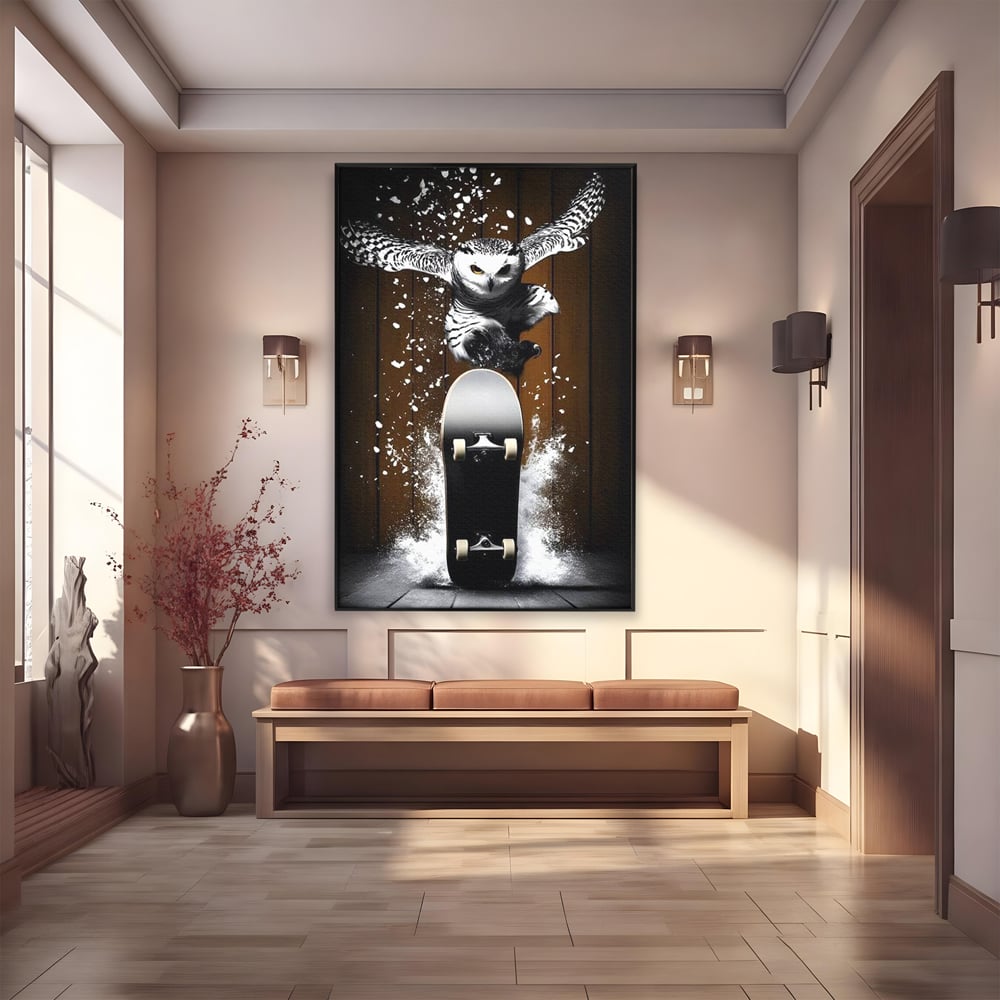 Tablou Canvas Premium, LuxCanva® M1076, Profetul pe Roti, Bufnita, Aripi, Zbor, Pasare, Skateboard, Roti, Urban, Miscare, Energie, Joc, Sport, Copilarie, Birou, Living, Camera Copil