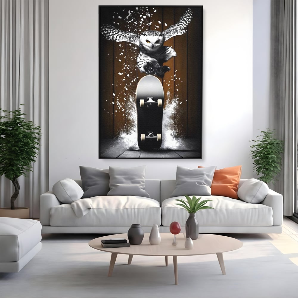 Tablou Canvas Premium, LuxCanva® M1076, Profetul pe Roti, Bufnita, Aripi, Zbor, Pasare, Skateboard, Roti, Urban, Miscare, Energie, Joc, Sport, Copilarie, Birou, Living, Camera Copil
