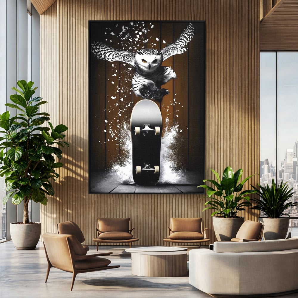 Tablou Canvas Premium, LuxCanva® M1076, Profetul pe Roti, Bufnita, Aripi, Zbor, Pasare, Skateboard, Roti, Urban, Miscare, Energie, Joc, Sport, Copilarie, Birou, Living, Camera Copil