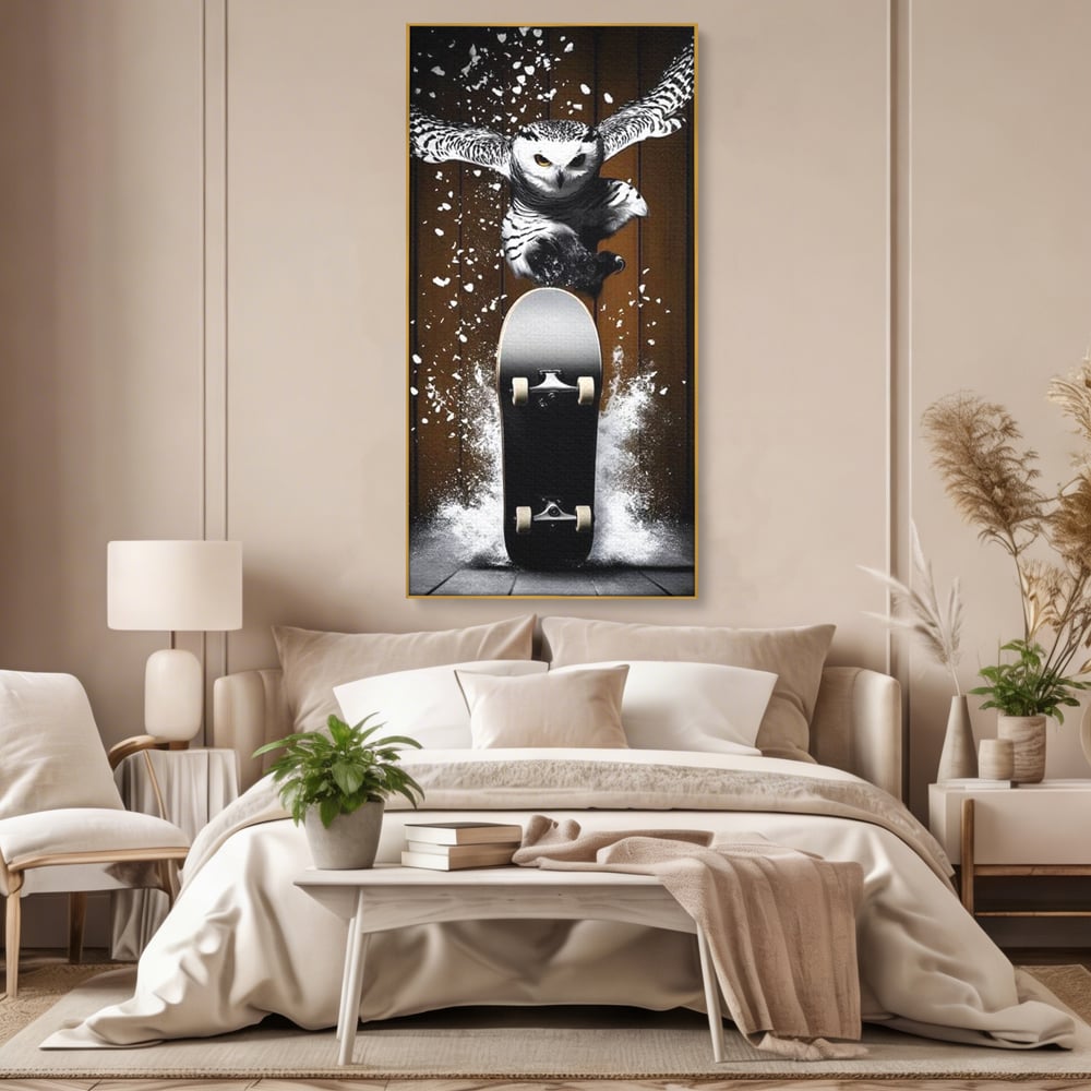 Tablou Canvas Premium, LuxCanva® M1076, Profetul pe Roti, Bufnita, Aripi, Zbor, Pasare, Skateboard, Roti, Urban, Miscare, Energie, Joc, Sport, Copilarie, Birou, Living, Camera Copil