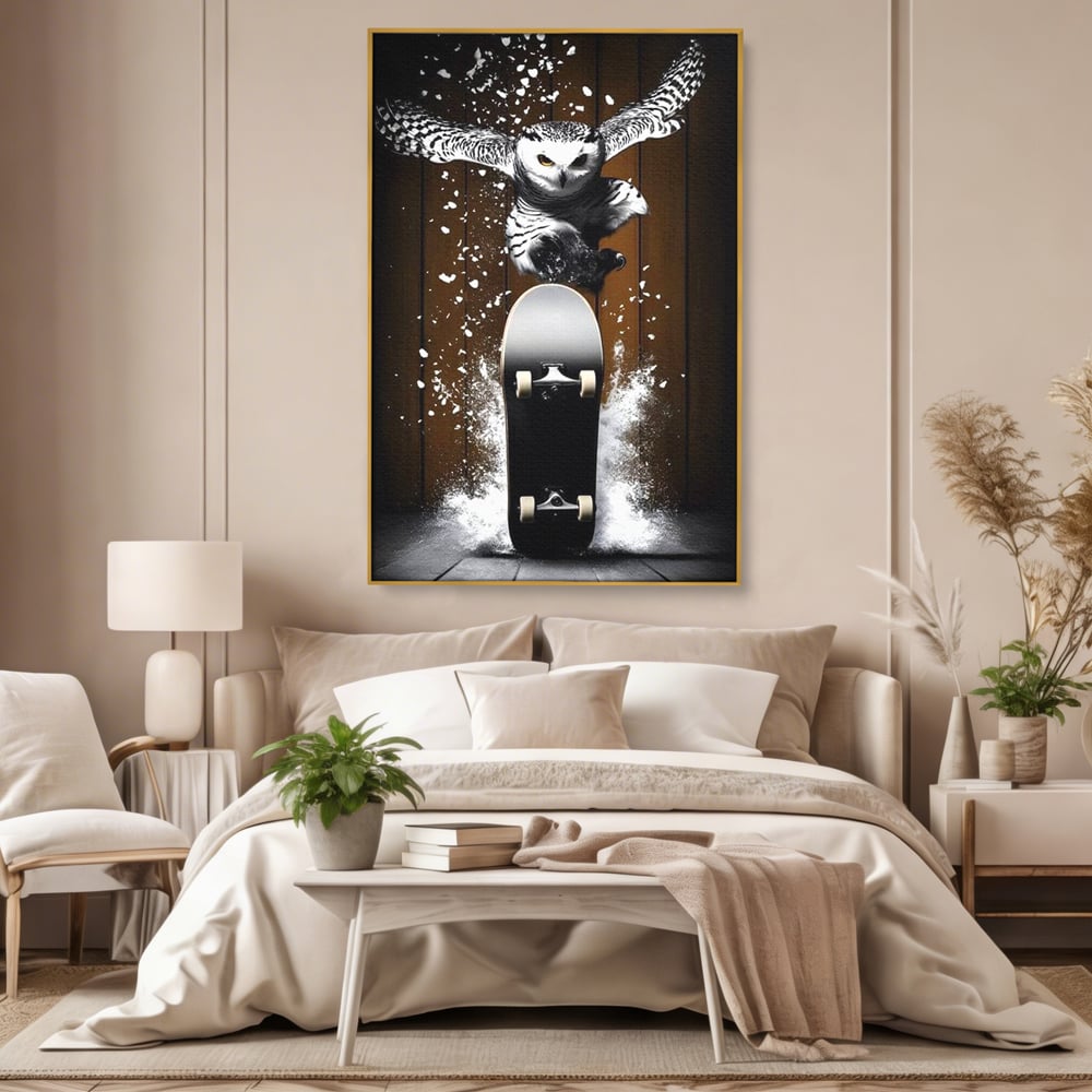 Tablou Canvas Premium, LuxCanva® M1076, Profetul pe Roti, Bufnita, Aripi, Zbor, Pasare, Skateboard, Roti, Urban, Miscare, Energie, Joc, Sport, Copilarie, Birou, Living, Camera Copil