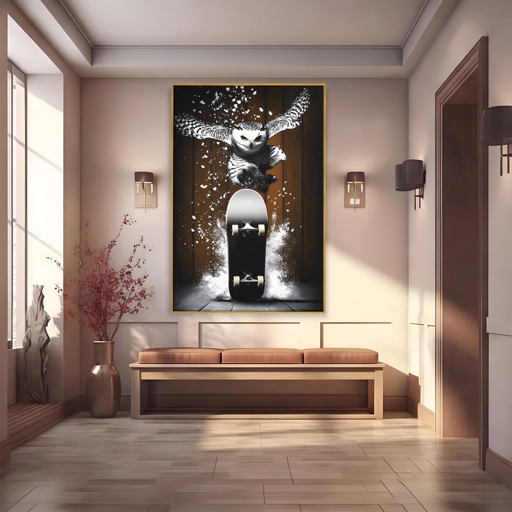 Tablou Canvas Premium, LuxCanva® M1076, Profetul pe Roti, Bufnita, Aripi, Zbor, Pasare, Skateboard, Roti, Urban, Miscare, Energie, Joc, Sport, Copilarie, Birou, Living, Camera Copil