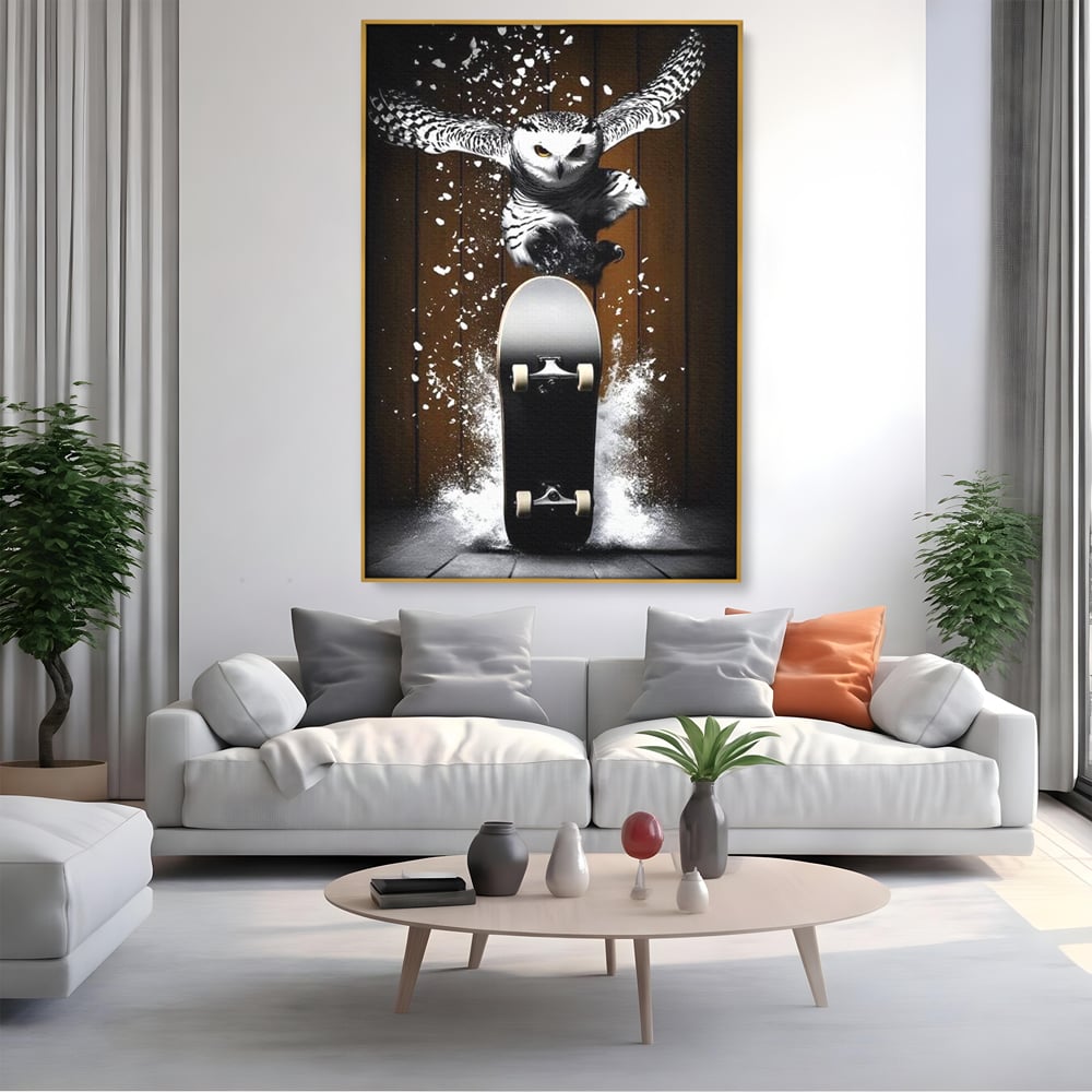 Tablou Canvas Premium, LuxCanva® M1076, Profetul pe Roti, Bufnita, Aripi, Zbor, Pasare, Skateboard, Roti, Urban, Miscare, Energie, Joc, Sport, Copilarie, Birou, Living, Camera Copil
