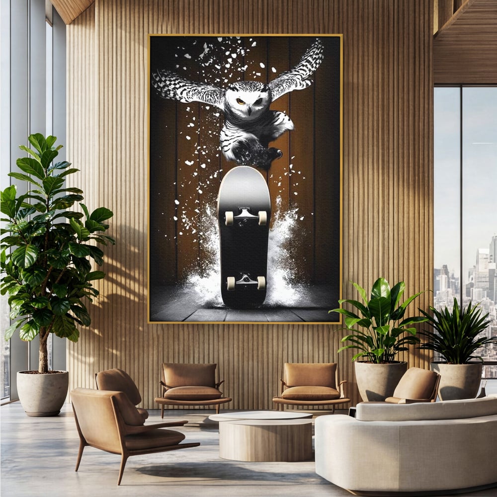 Tablou Canvas Premium, LuxCanva® M1076, Profetul pe Roti, Bufnita, Aripi, Zbor, Pasare, Skateboard, Roti, Urban, Miscare, Energie, Joc, Sport, Copilarie, Birou, Living, Camera Copil