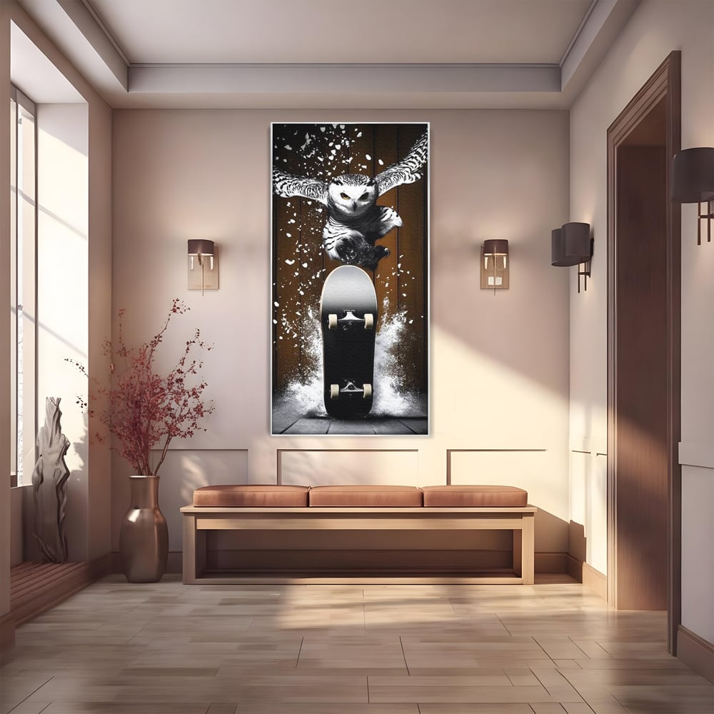 Tablou Canvas Premium, LuxCanva® M1076, Profetul pe Roti, Bufnita, Aripi, Zbor, Pasare, Skateboard, Roti, Urban, Miscare, Energie, Joc, Sport, Copilarie, Birou, Living, Camera Copil