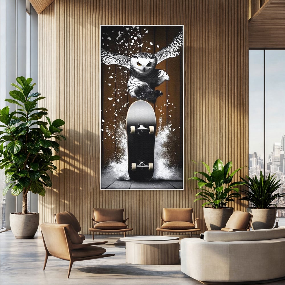 Tablou Canvas Premium, LuxCanva® M1076, Profetul pe Roti, Bufnita, Aripi, Zbor, Pasare, Skateboard, Roti, Urban, Miscare, Energie, Joc, Sport, Copilarie, Birou, Living, Camera Copil