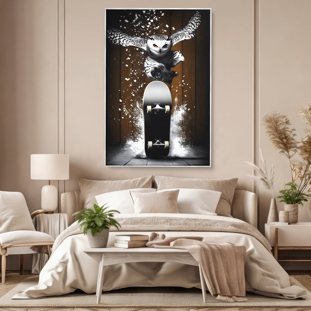 Tablou Canvas Premium, LuxCanva® M1076, Profetul pe Roti, Bufnita, Aripi, Zbor, Pasare, Skateboard, Roti, Urban, Miscare, Energie, Joc, Sport, Copilarie, Birou, Living, Camera Copil