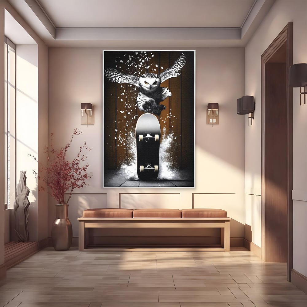 Tablou Canvas Premium, LuxCanva® M1076, Profetul pe Roti, Bufnita, Aripi, Zbor, Pasare, Skateboard, Roti, Urban, Miscare, Energie, Joc, Sport, Copilarie, Birou, Living, Camera Copil