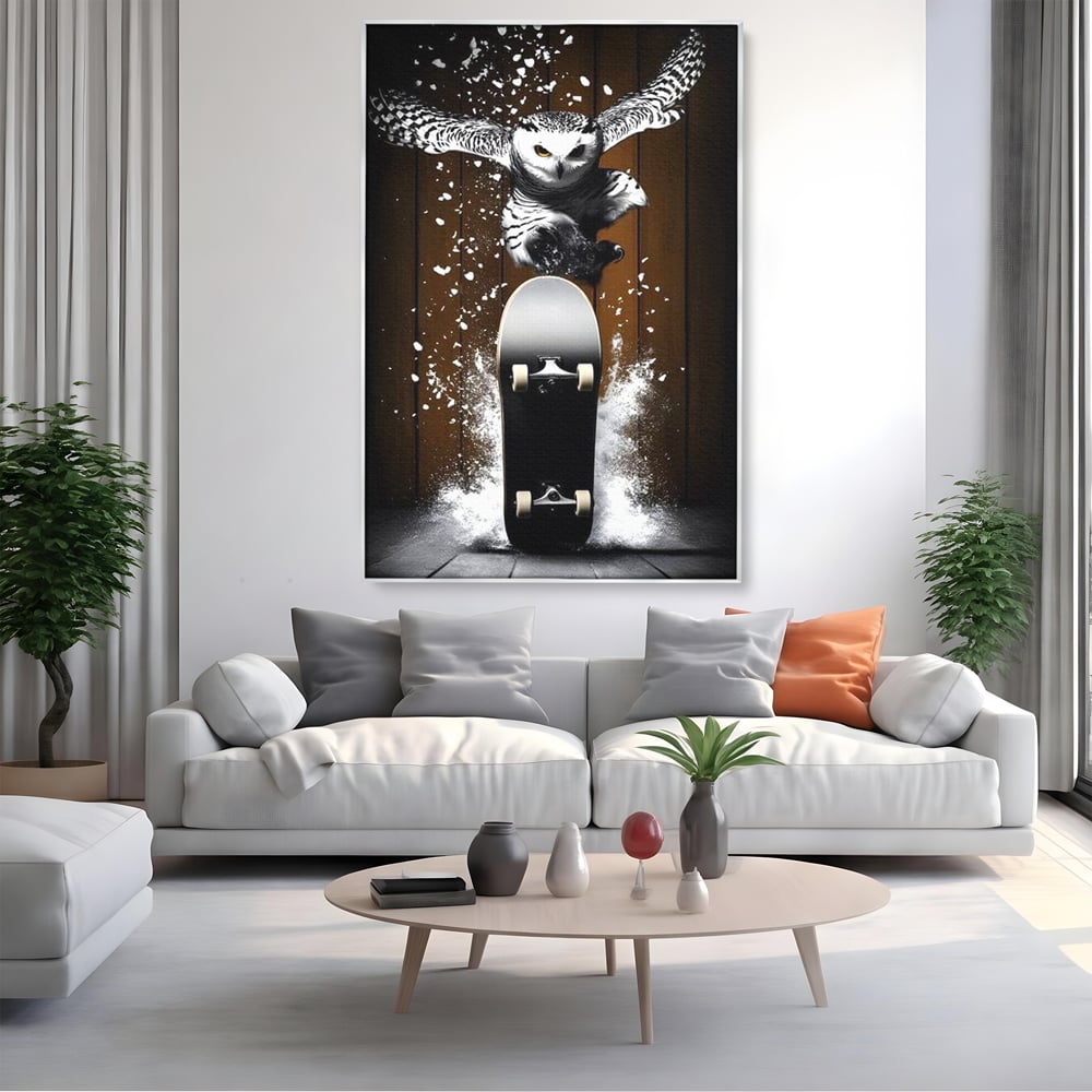 Tablou Canvas Premium, LuxCanva® M1076, Profetul pe Roti, Bufnita, Aripi, Zbor, Pasare, Skateboard, Roti, Urban, Miscare, Energie, Joc, Sport, Copilarie, Birou, Living, Camera Copil