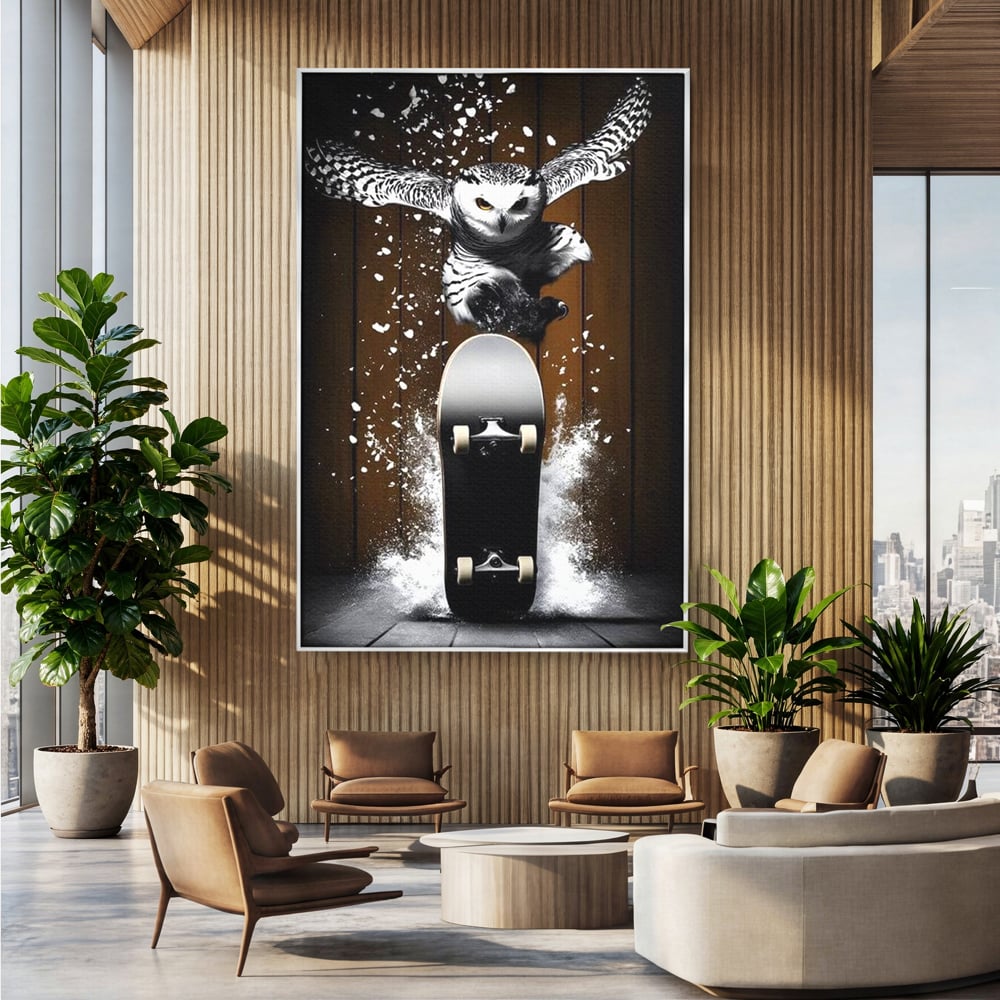 Tablou Canvas Premium, LuxCanva® M1076, Profetul pe Roti, Bufnita, Aripi, Zbor, Pasare, Skateboard, Roti, Urban, Miscare, Energie, Joc, Sport, Copilarie, Birou, Living, Camera Copil